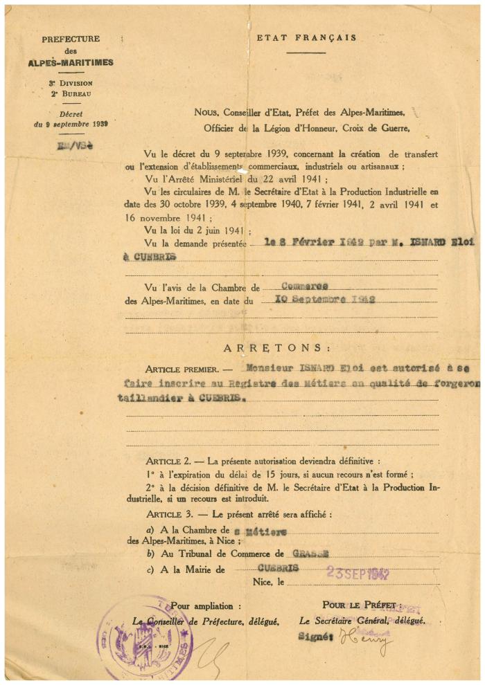 [autorisation donnée par la préfecture à Mr Isnard Eloi de se faire inscrire à la chambre des métiers ]