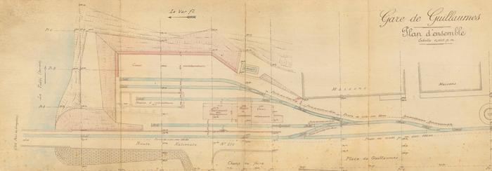 Plan d'ensemble de la gare de Guillaumes. Chemin de fer du Sud de la France, début 20e siècle. Fonds : Groupe d'Etude des Chemins de Fer en Provence