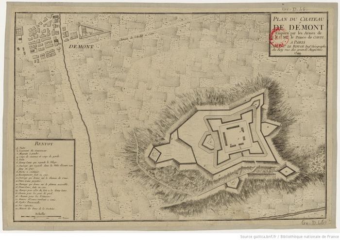 Plan du Chateau de Démont Emporté par les Armes de S.A.S. Mgr. le Prince de Conti. George Louis le Rouge,  Paris, 1744