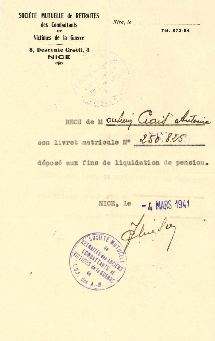 Lettre de la Société Mutuelle de Retraites des Combattants et Victimes de la guerre - 8, descente Crotti, Nice. Adressée le 4 mars 1941 à Antoine Ciais.