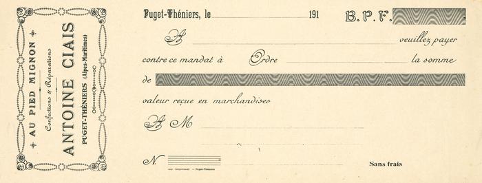 Facture vierge "Au Pied Mignon" - Confections &amp; Réparations, - Antoine Ciais - Puget-Théniers (Alpes-Maritimes)