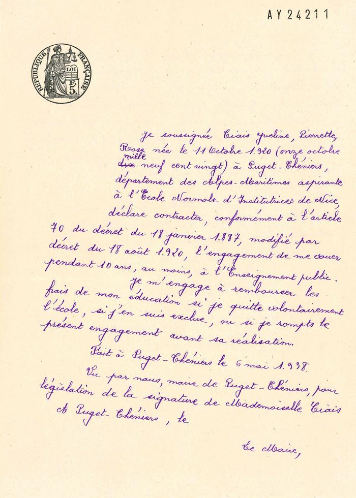 [Lettre d'engagement de Ciais Yveline ayant pour objet à se vouer pendant 10 ans, au moins à l'Enseignement public. 6 mai 1938.]
