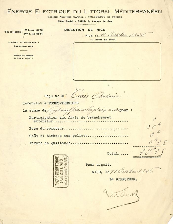Facture de raccordement au réseau de la société Energie électrique du littoral méditerranéen
