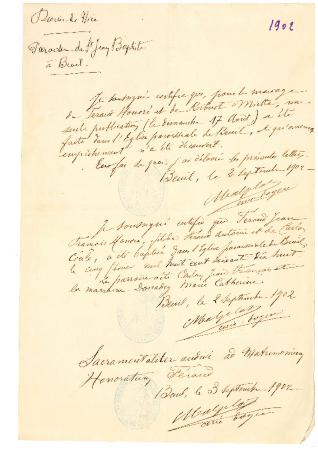 [Certificat de baptême et de publication des bans pour le mariage de Honoré Férand et Miette Ribuot]